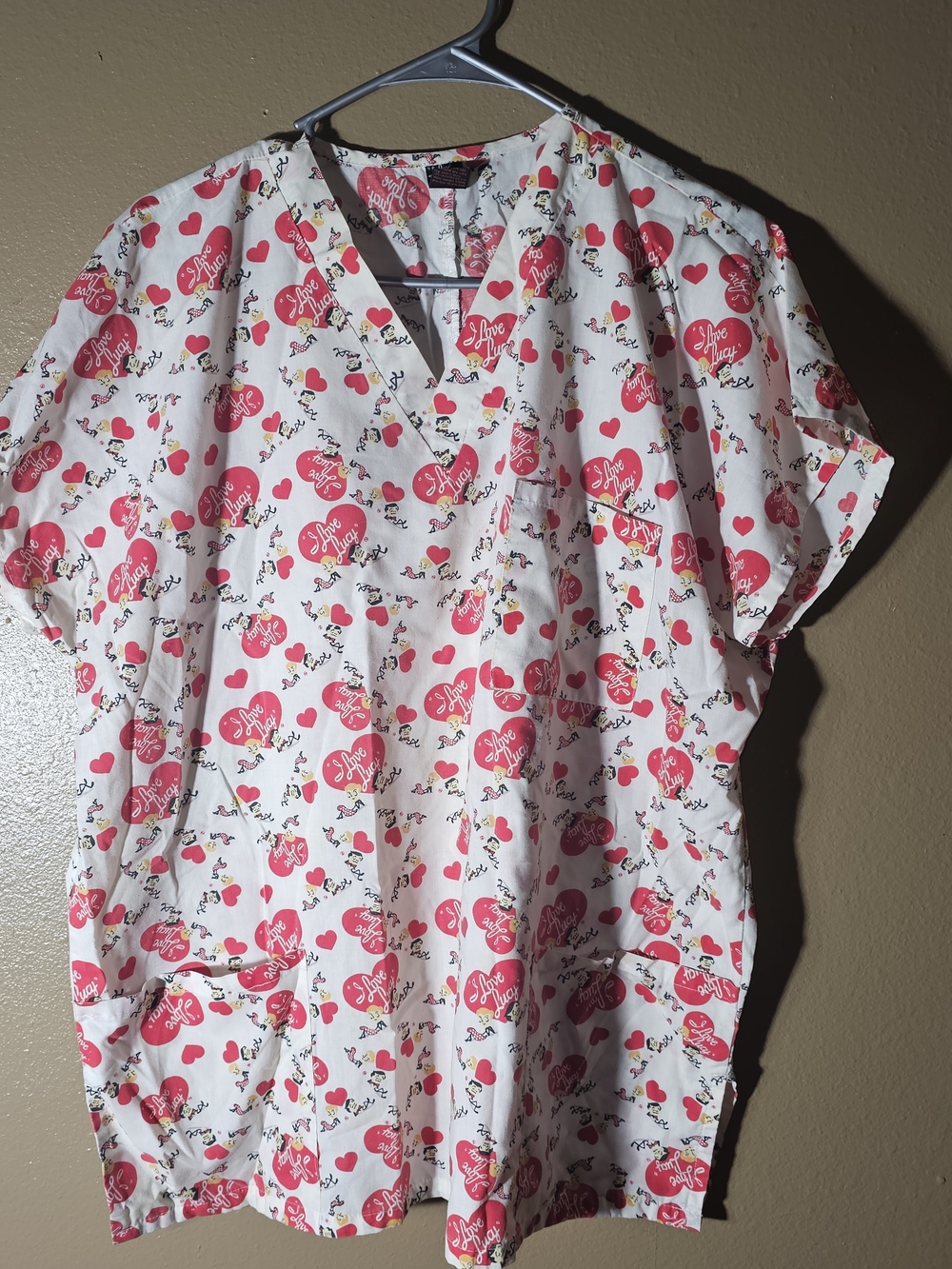 Women’s I Love Lucy Scrub Top V-Neck Short Sleeve with Pink Heart Print
